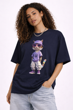 Cool Cat Graphic Oversized Tee – Purple Bucket Hat Streetwear T-Shirt