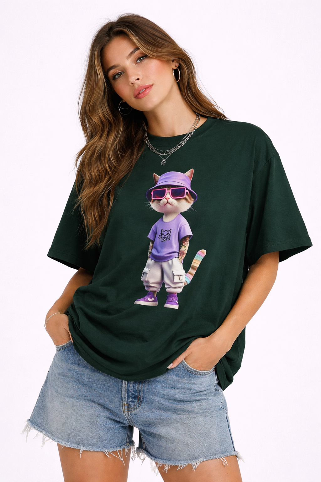 Cool Cat Graphic Oversized Tee – Purple Bucket Hat Streetwear T-Shirt