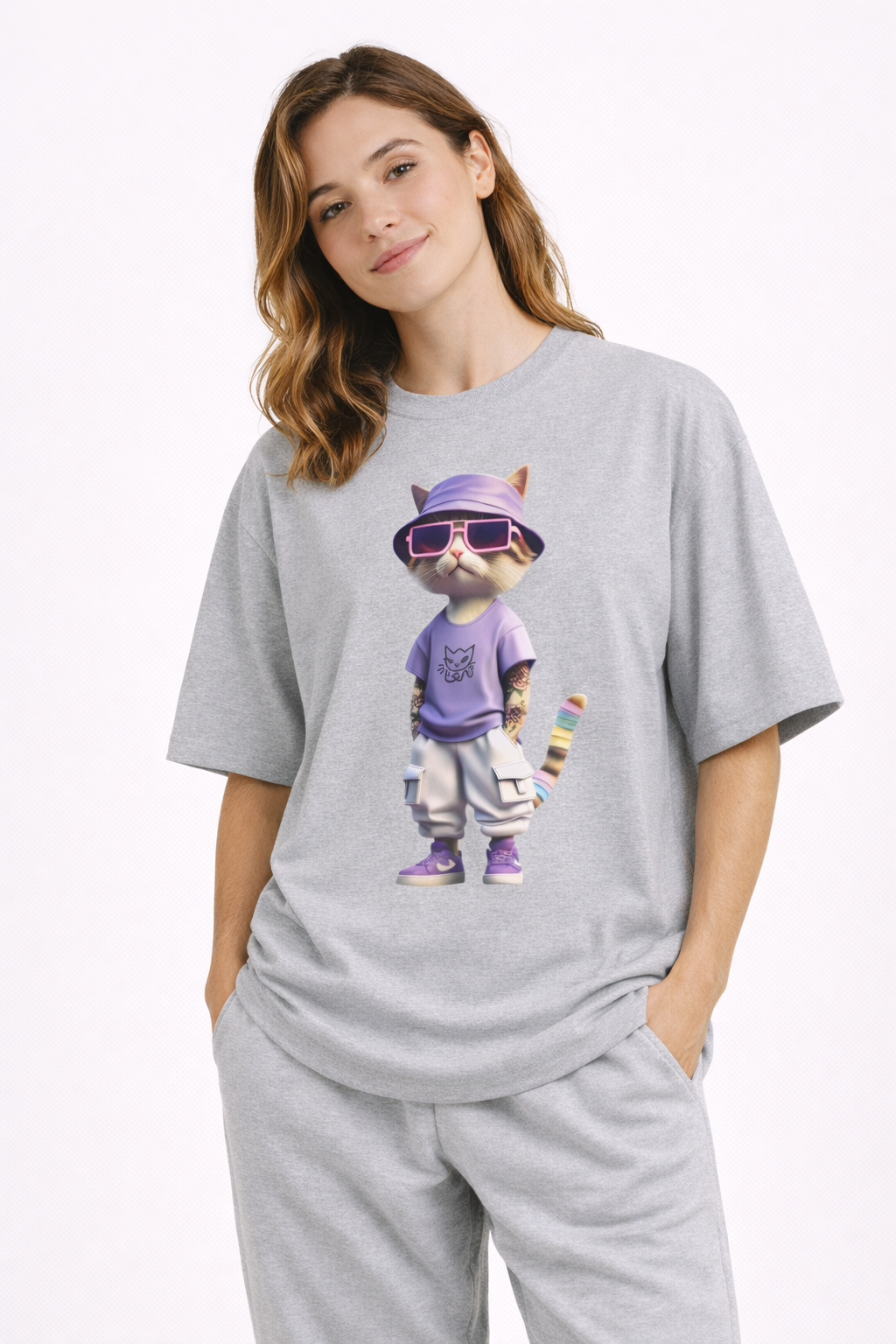 Cool Cat Graphic Oversized Tee – Purple Bucket Hat Streetwear T-Shirt