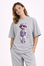 Cool Cat Graphic Oversized Tee – Purple Bucket Hat Streetwear T-Shirt