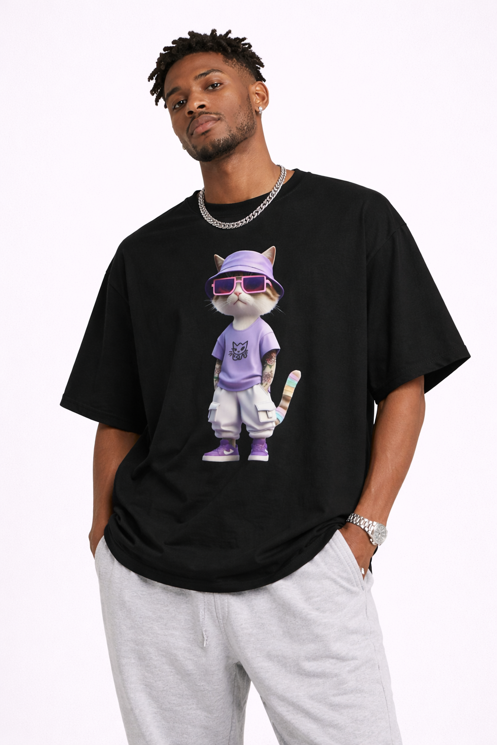 Cool Cat Graphic Oversized Tee – Purple Bucket Hat Streetwear T-Shirt