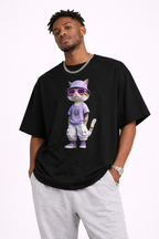 Cool Cat Graphic Oversized Tee – Purple Bucket Hat Streetwear T-Shirt