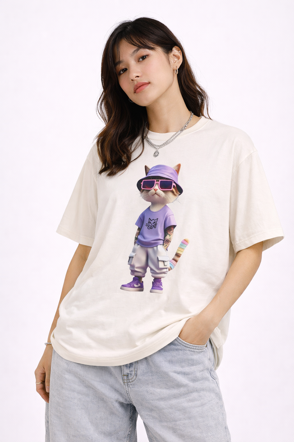 Cool Cat Graphic Oversized Tee – Purple Bucket Hat Streetwear T-Shirt