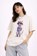Cool Cat Graphic Oversized Tee – Purple Bucket Hat Streetwear T-Shirt