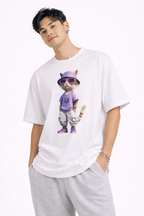 Cool Cat Graphic Oversized Tee – Purple Bucket Hat Streetwear T-Shirt