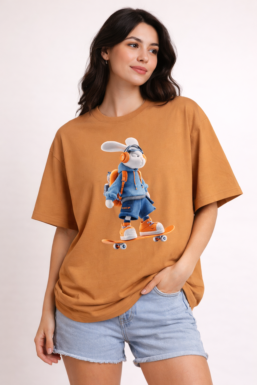 Oversized | Skateboarding Bunny Character Tee | Skateboard Cartoon T-Shirt