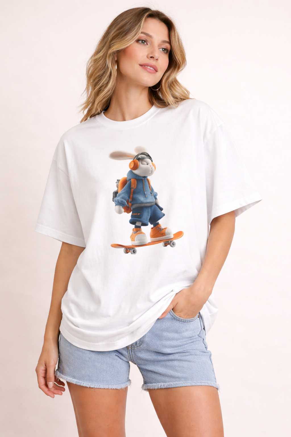 Oversized | Skateboarding Bunny Character Tee | Skateboard Cartoon T-Shirt