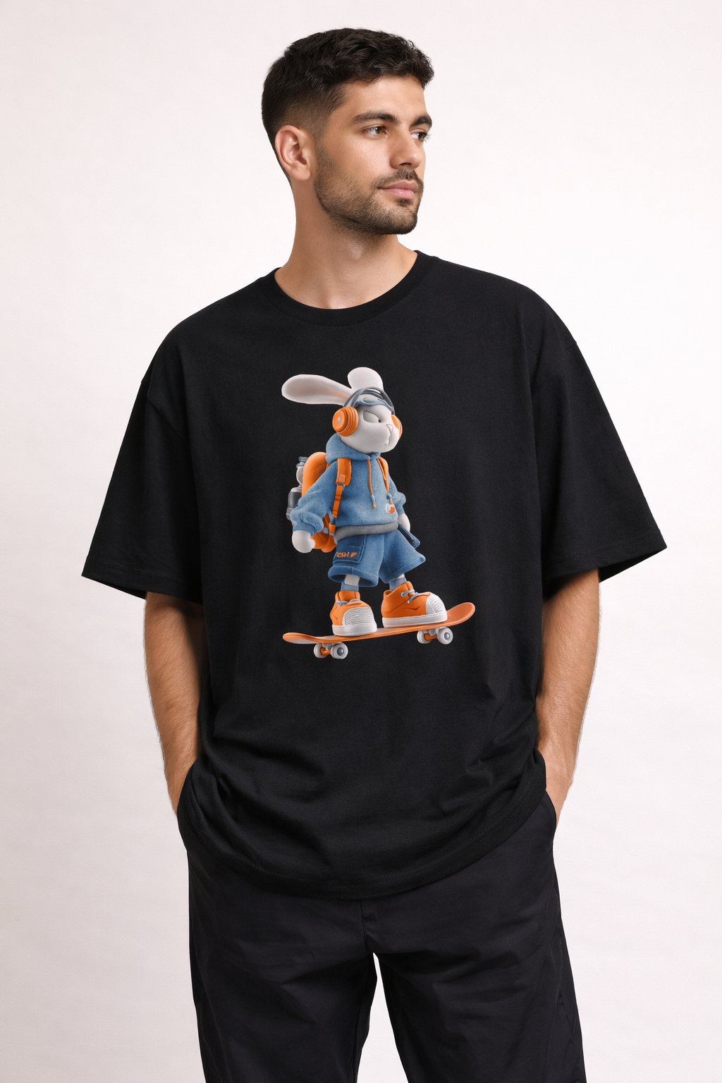 Oversized | Skateboarding Bunny Character Tee | Skateboard Cartoon T-Shirt