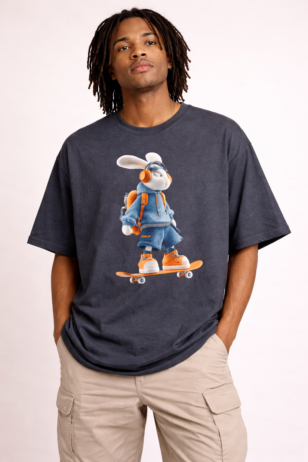 Oversized | Skateboarding Bunny Character Tee | Skateboard Cartoon T-Shirt