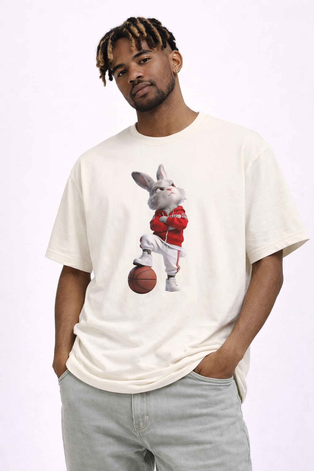 Oversized Bunny Basketball Player Graphic T-Shirt