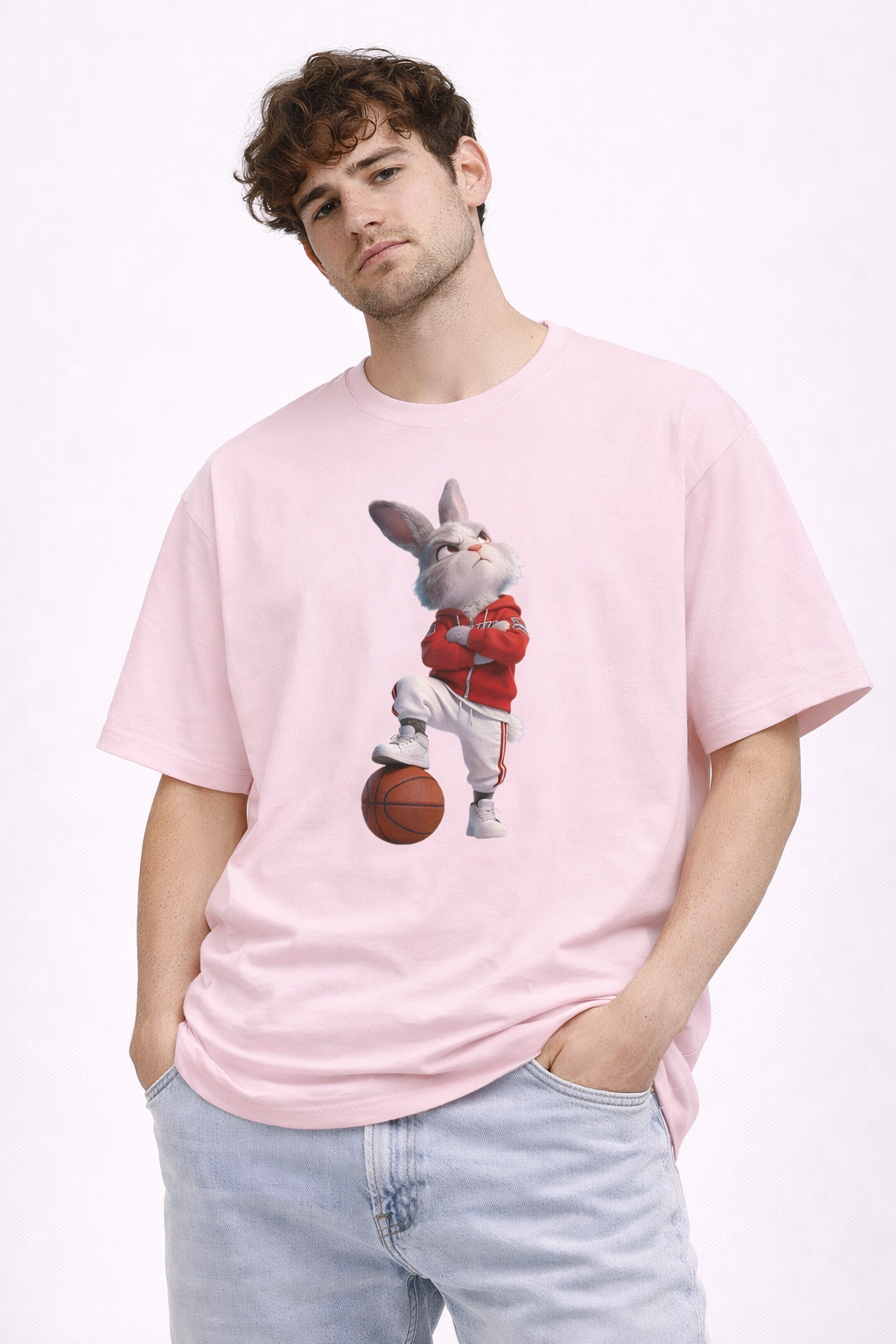 Oversized Bunny Basketball Player Graphic T-Shirt