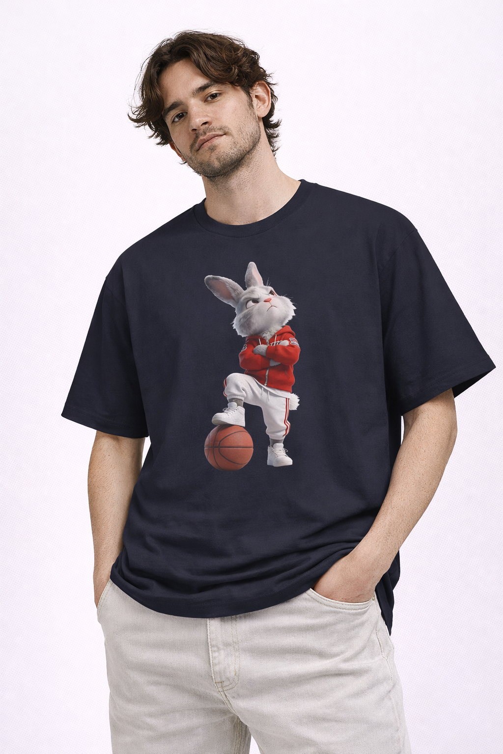 Oversized Bunny Basketball Player Graphic T-Shirt