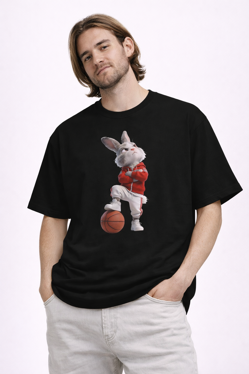 Oversized Bunny Basketball Player Graphic T-Shirt