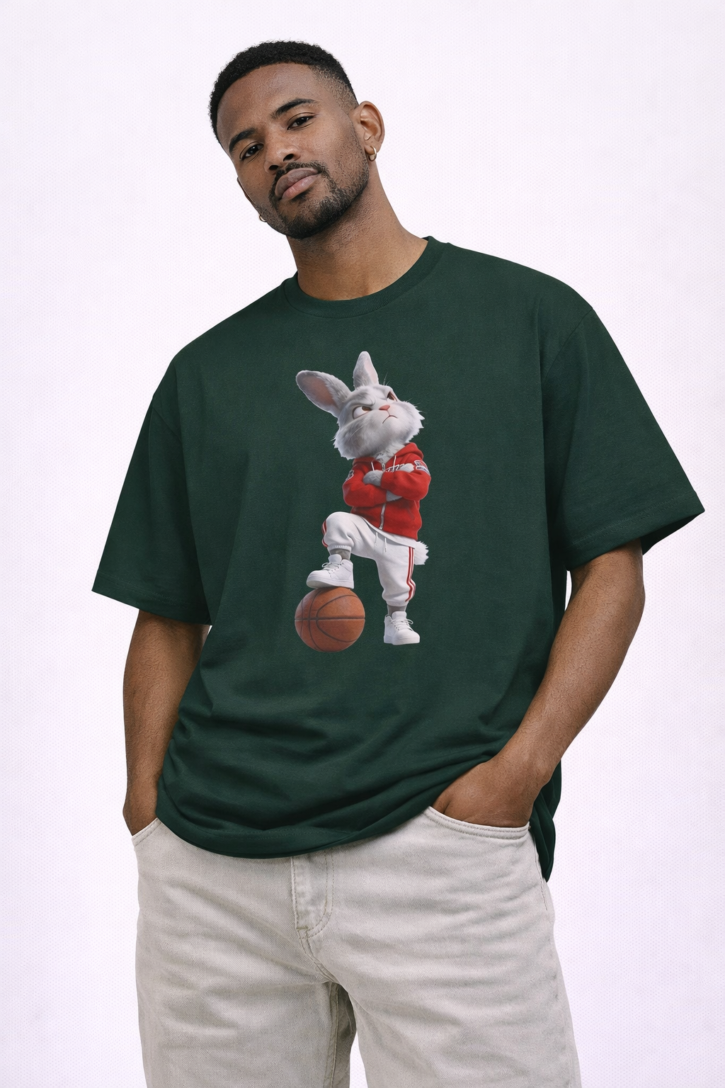 Oversized Bunny Basketball Player Graphic T-Shirt