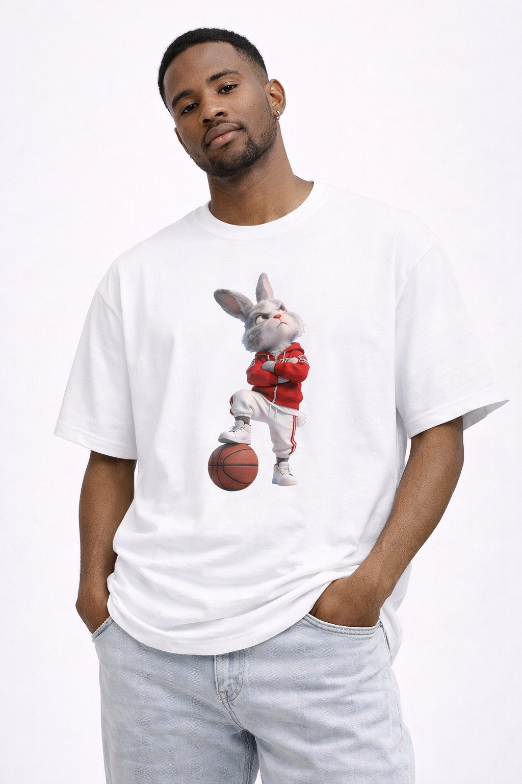 Oversized Bunny Basketball Player Graphic T-Shirt