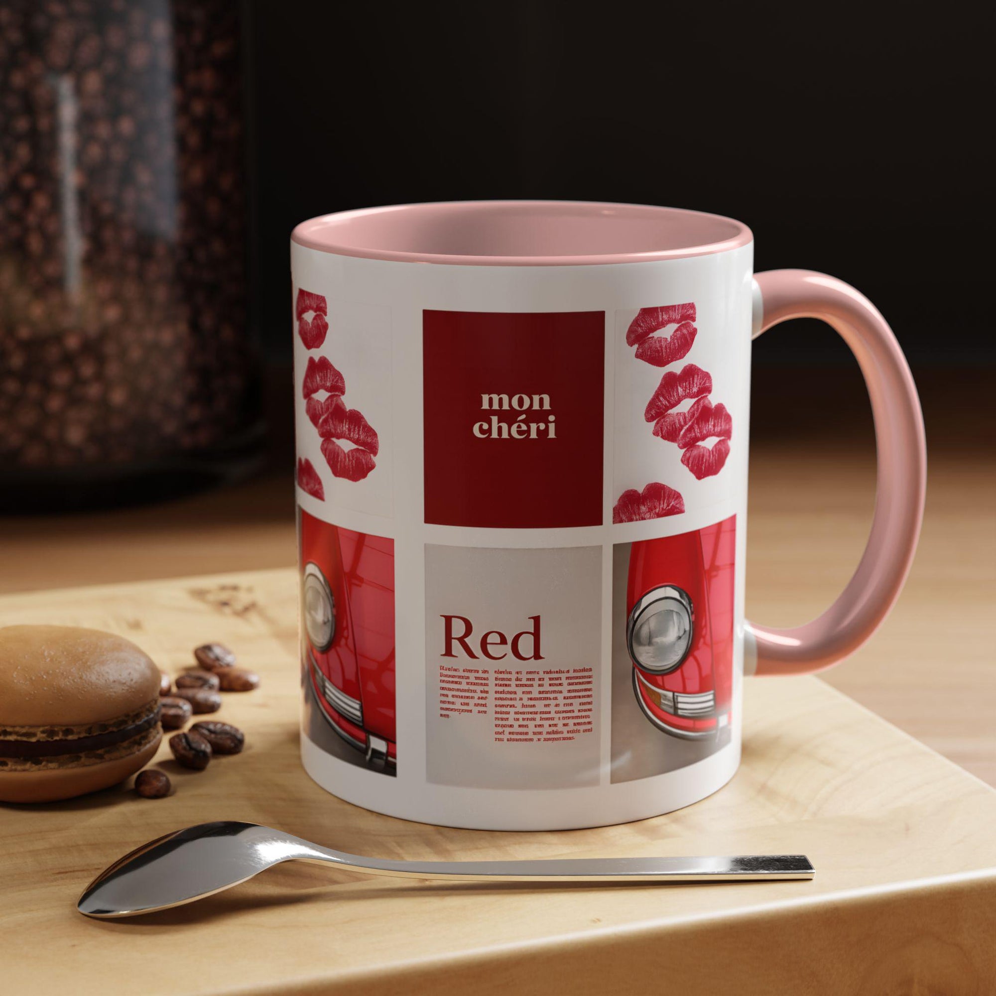 Red Mug | Vintage Car & Kiss Print Coffee Cup | Colorful Ceramic