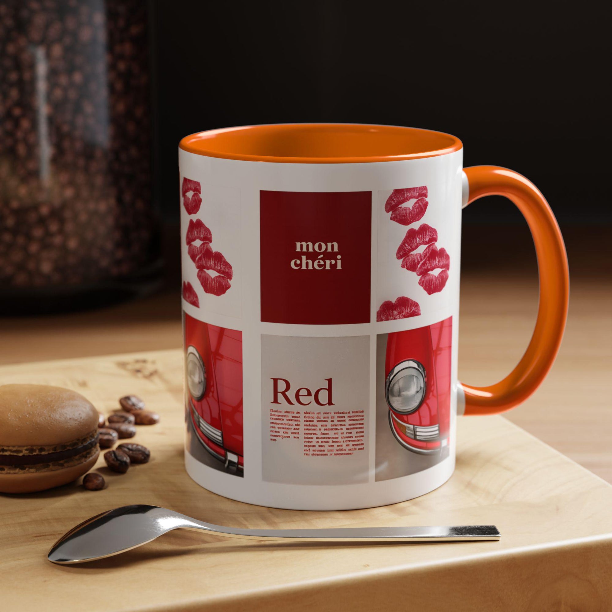 Red Mug | Vintage Car & Kiss Print Coffee Cup | Colorful Ceramic
