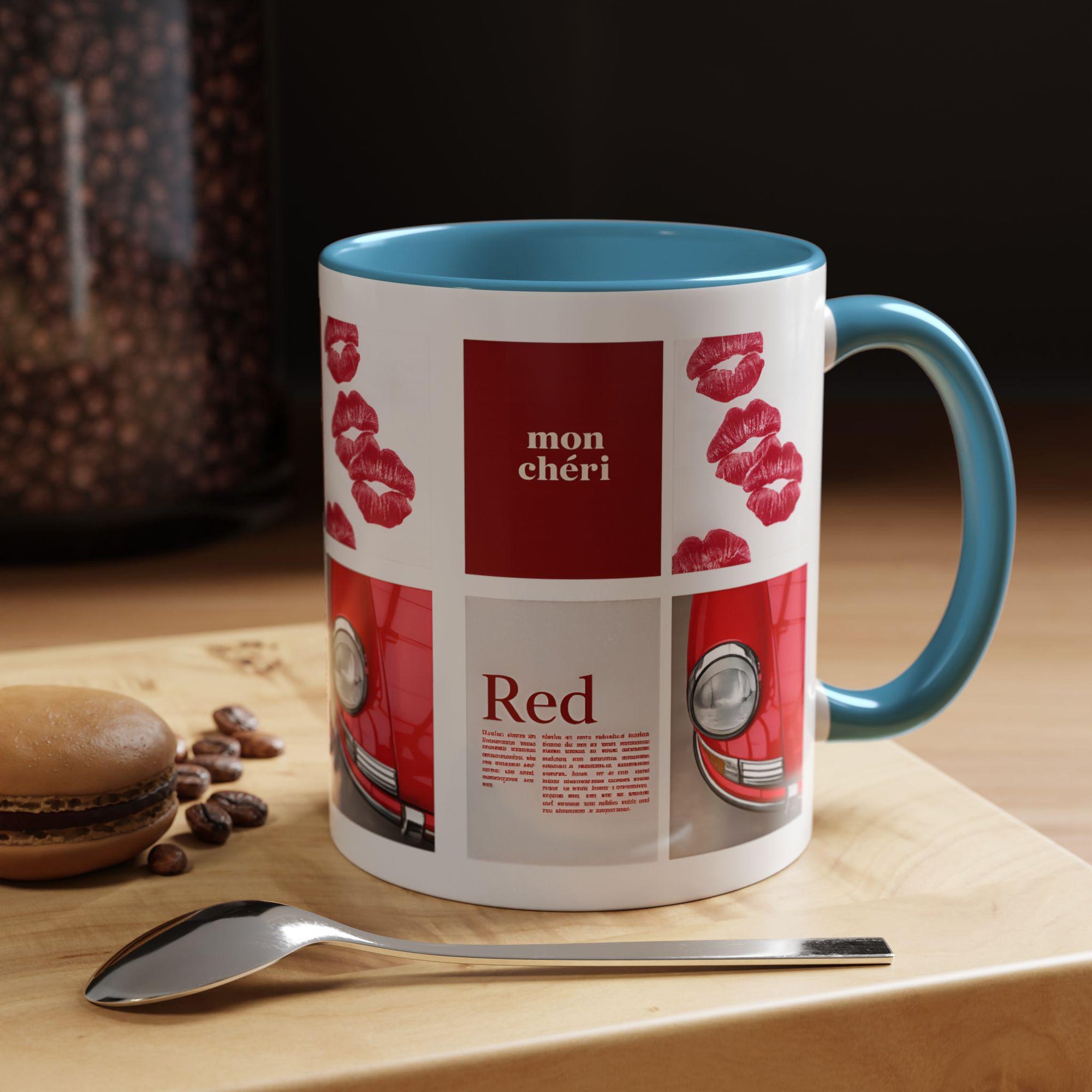 Red Mug | Vintage Car & Kiss Print Coffee Cup | Colorful Ceramic
