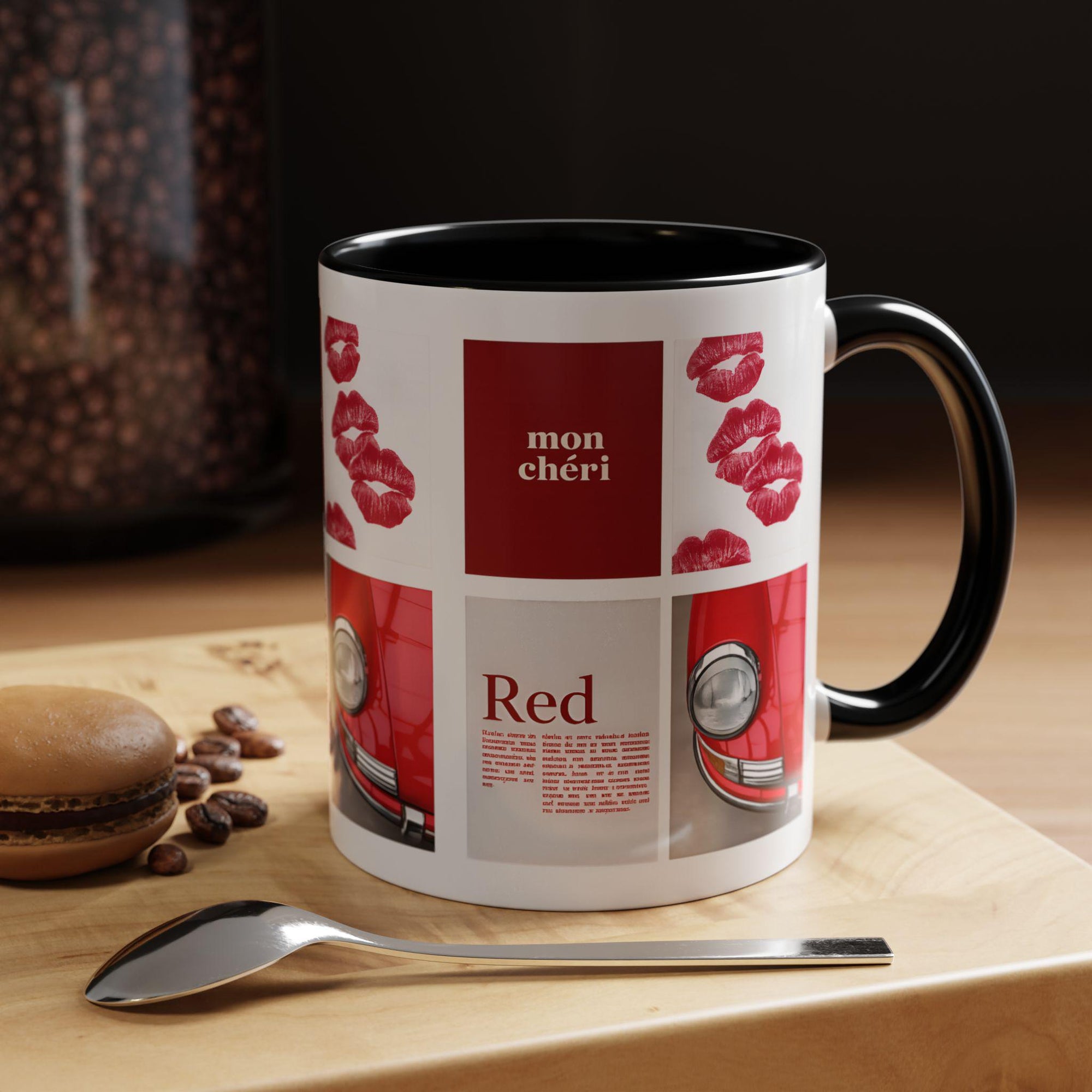 Red Mug | Vintage Car & Kiss Print Coffee Cup | Colorful Ceramic