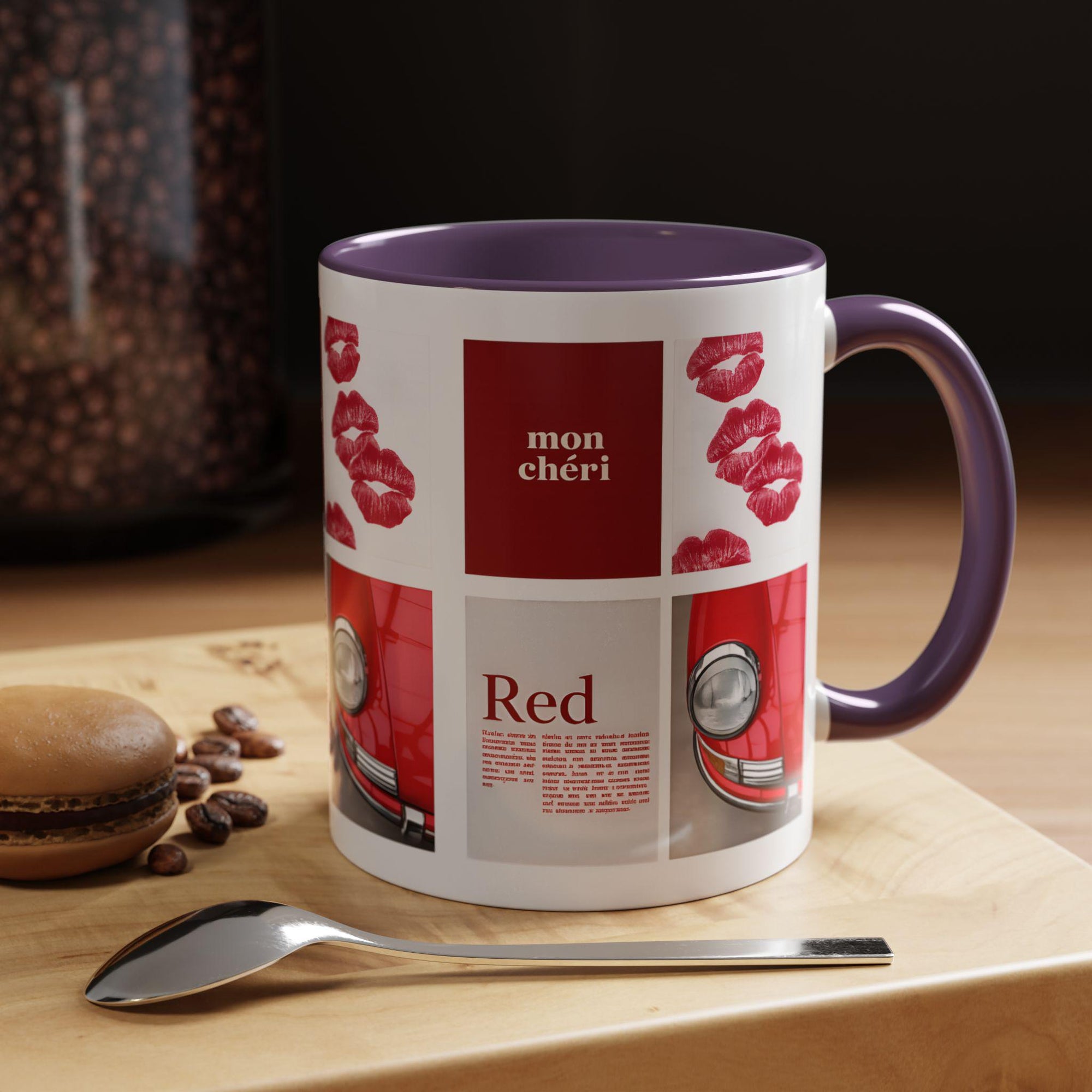 Red Mug | Vintage Car & Kiss Print Coffee Cup | Colorful Ceramic