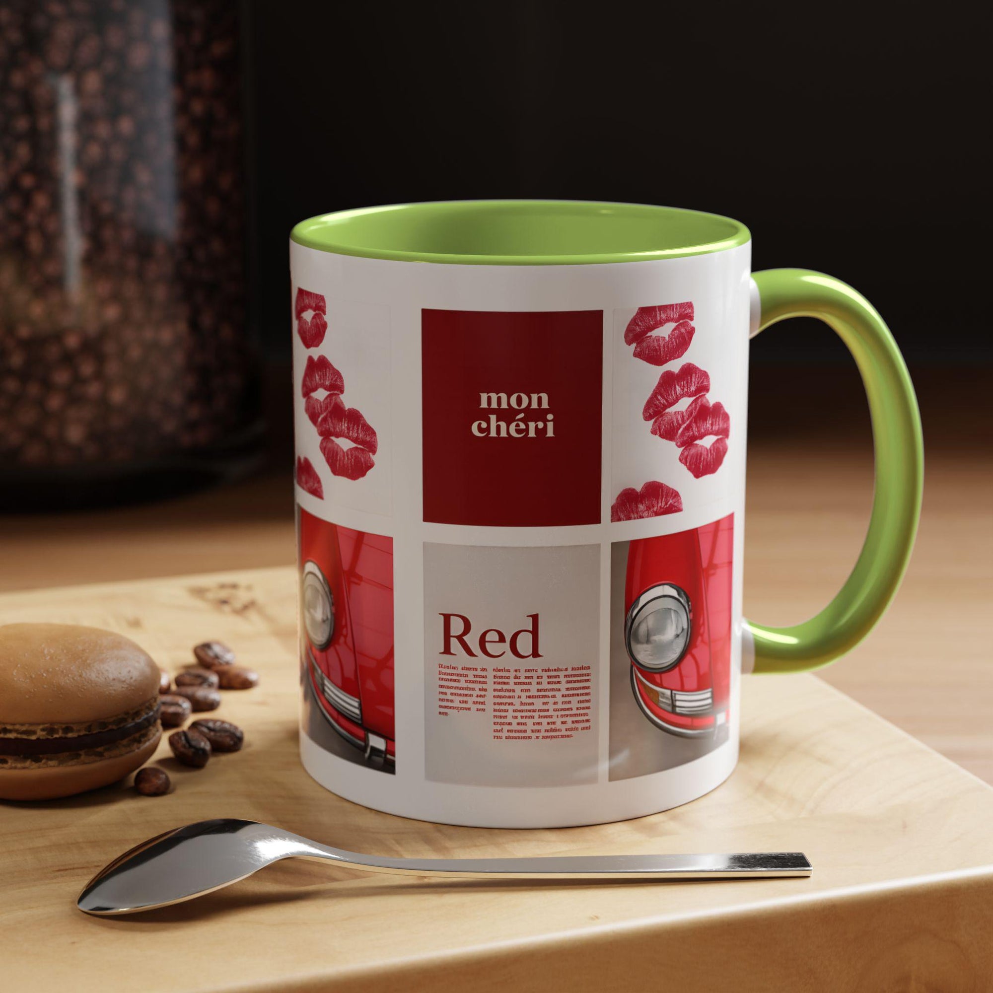 Red Mug | Vintage Car & Kiss Print Coffee Cup | Colorful Ceramic