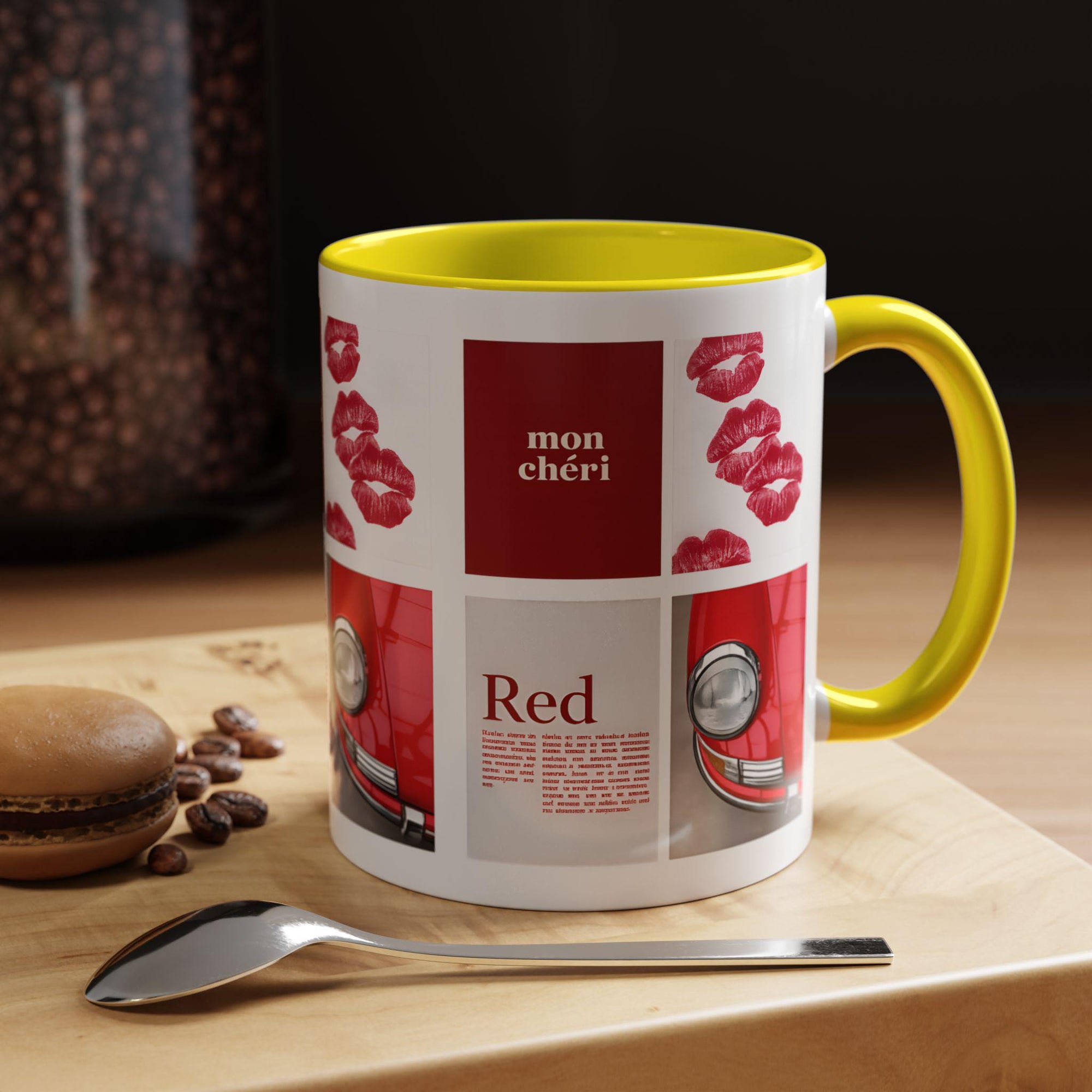 Red Mug | Vintage Car & Kiss Print Coffee Cup | Colorful Ceramic