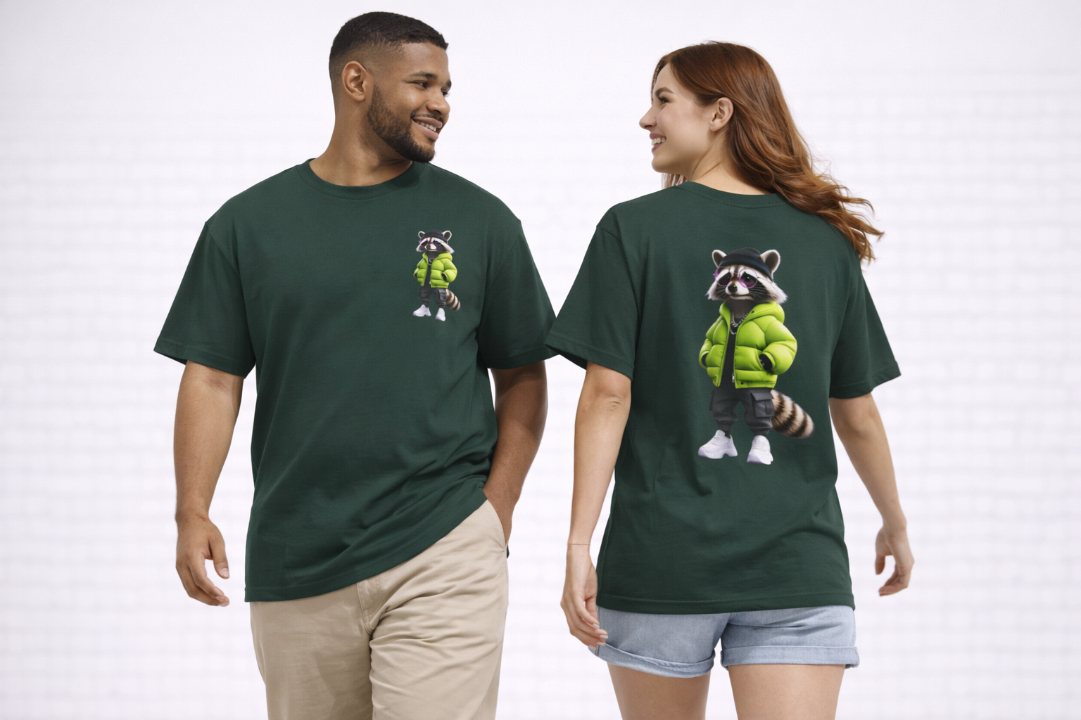 Raccoon Streetwear Tee — Cool Green Puffer Jacket Graphic Shirt