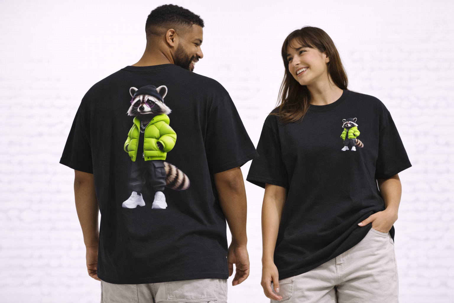 Raccoon Streetwear Tee — Cool Green Puffer Jacket Graphic Shirt