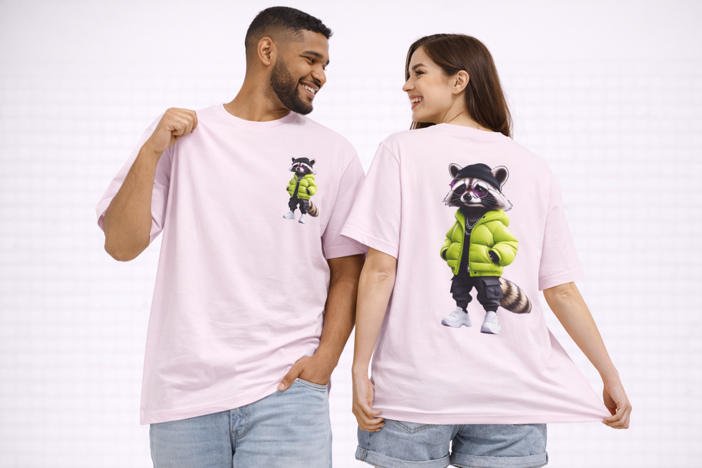 Raccoon Streetwear Tee — Cool Green Puffer Jacket Graphic Shirt