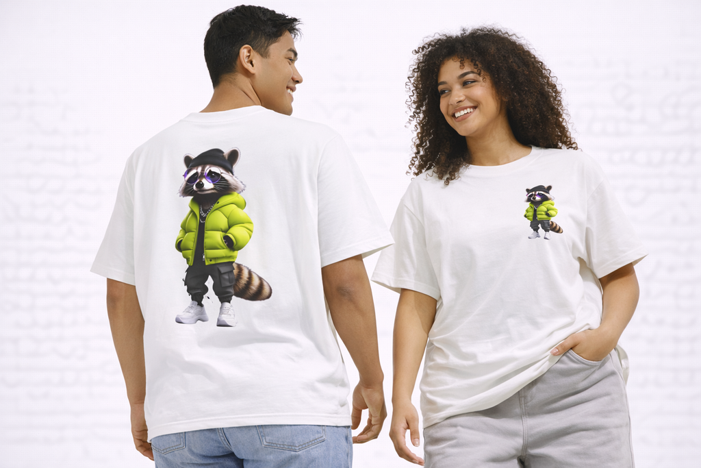 Raccoon Streetwear Tee — Cool Green Puffer Jacket Graphic Shirt