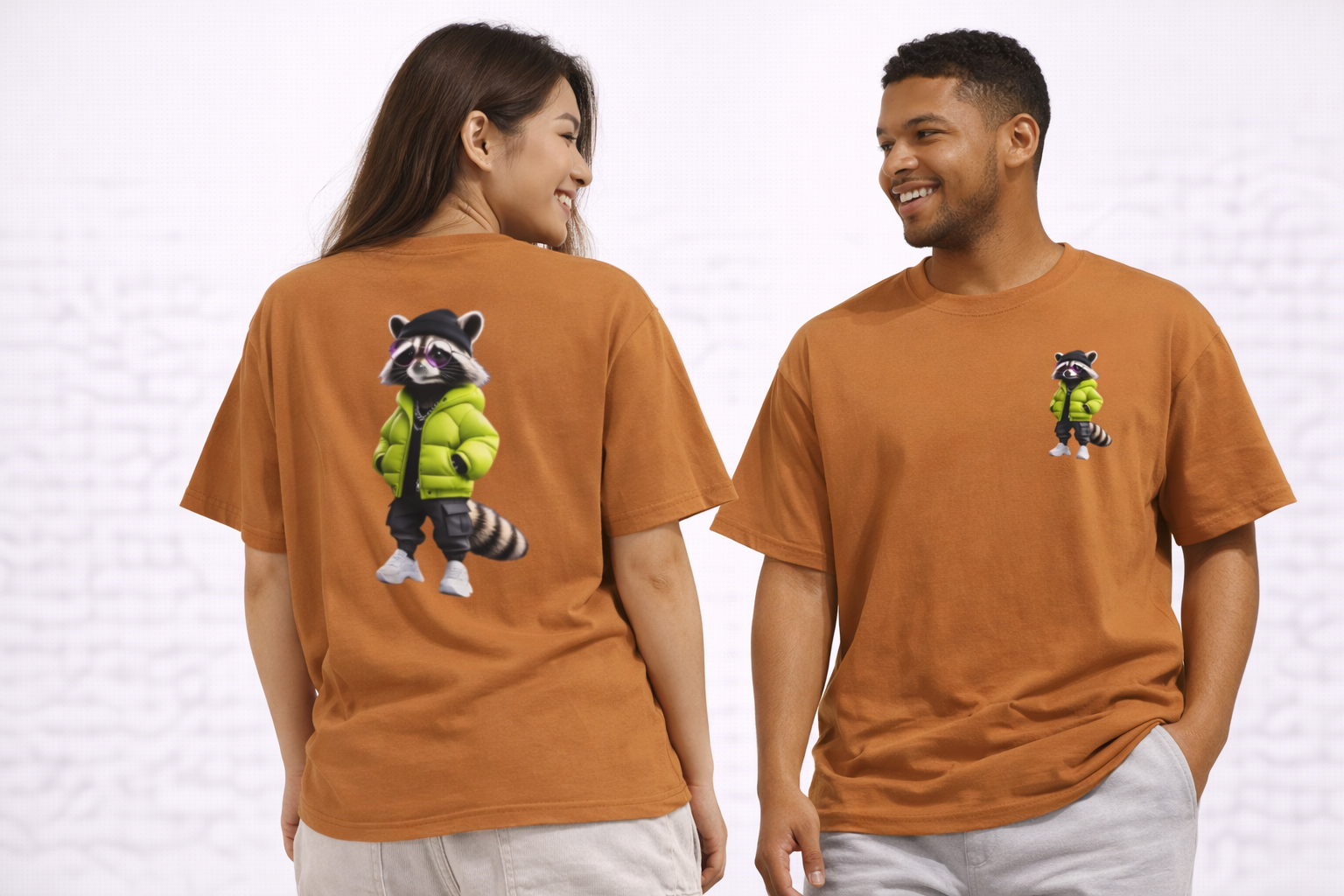 Raccoon Streetwear Tee — Cool Green Puffer Jacket Graphic Shirt