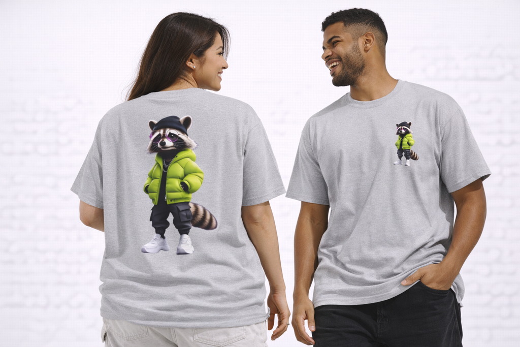 Raccoon Streetwear Tee — Cool Green Puffer Jacket Graphic Shirt