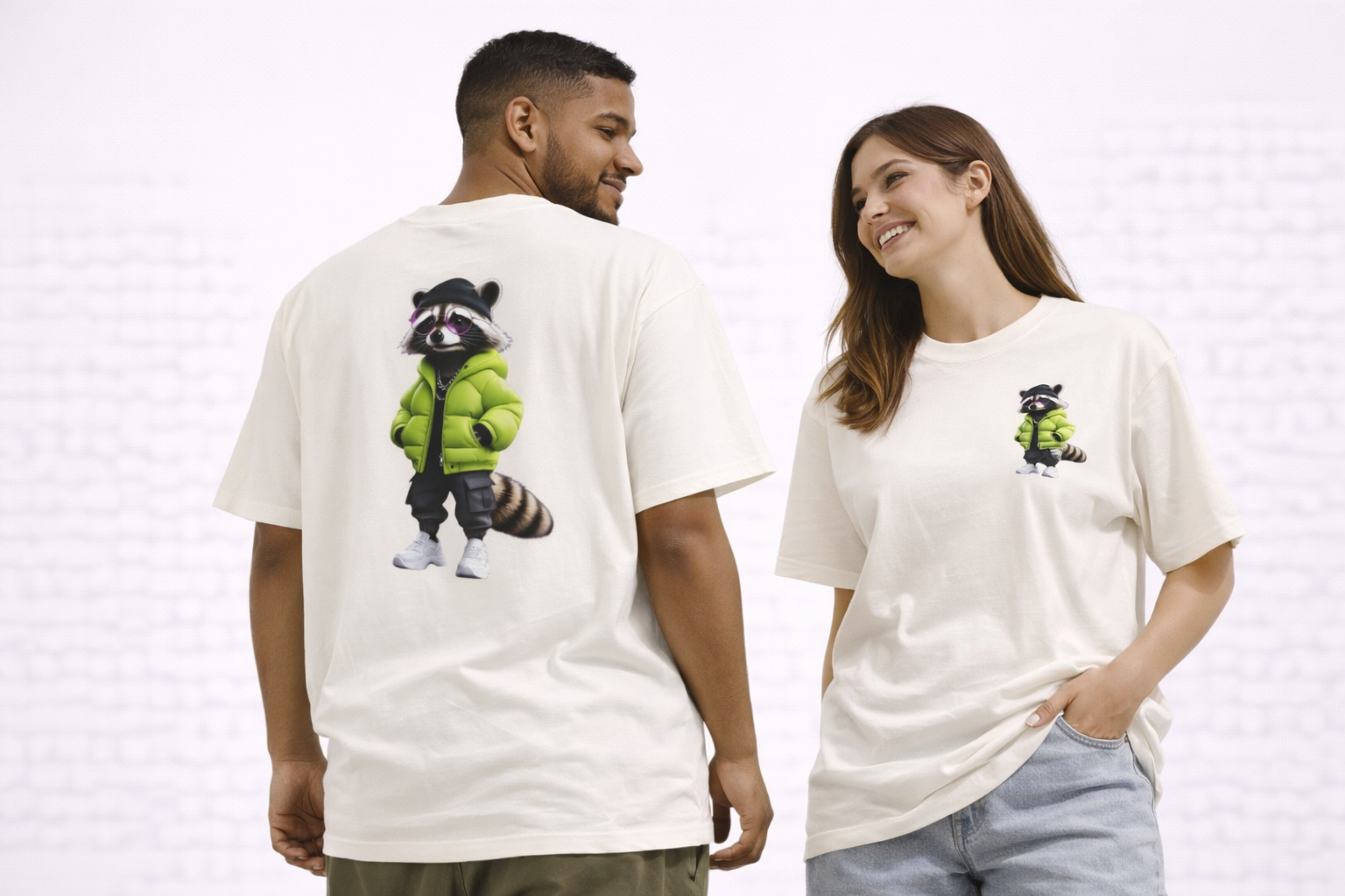 Raccoon Streetwear Tee — Cool Green Puffer Jacket Graphic Shirt