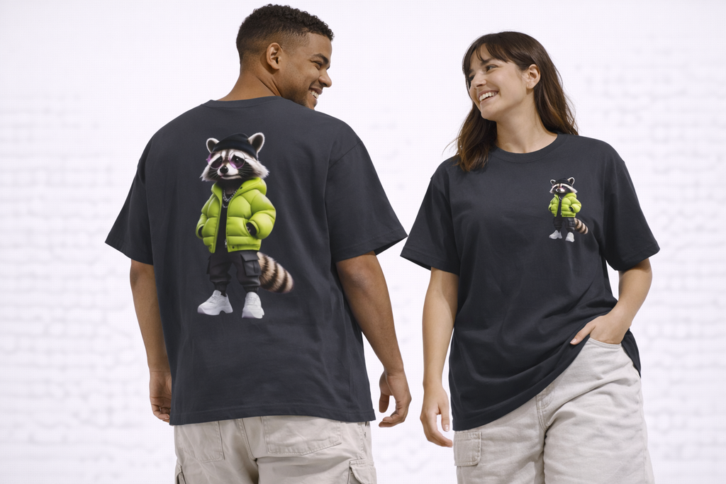 Raccoon Streetwear Tee — Cool Green Puffer Jacket Graphic Shirt