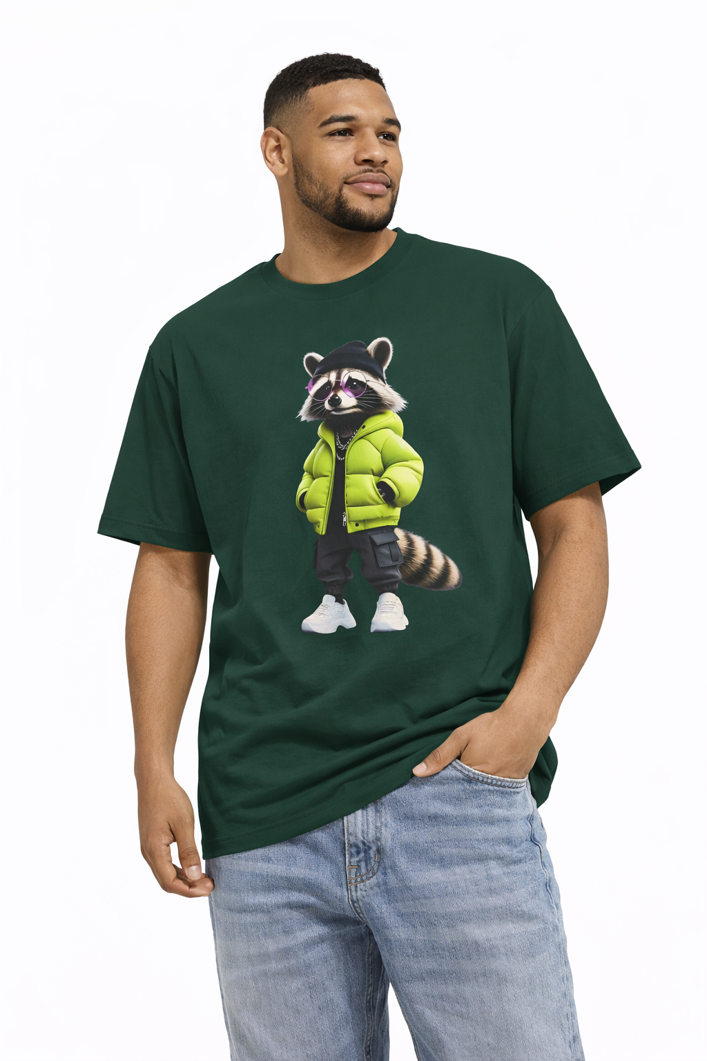 Raccoon Streetwear Tee — Green Puffer Jacket Graphic Oversized T-Shirt