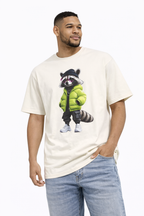 Raccoon Streetwear Tee — Green Puffer Jacket Graphic Oversized T-Shirt