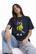 Raccoon Streetwear Tee — Green Puffer Jacket Graphic Oversized T-Shirt