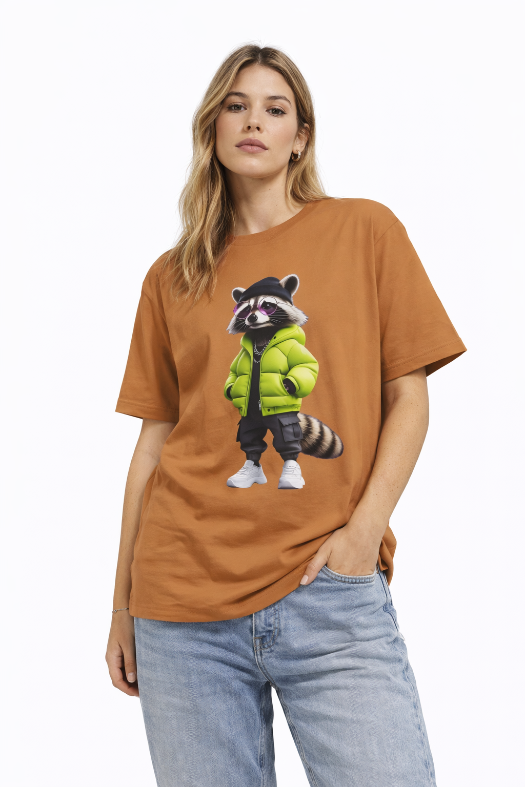 Raccoon Streetwear Tee — Green Puffer Jacket Graphic Oversized T-Shirt