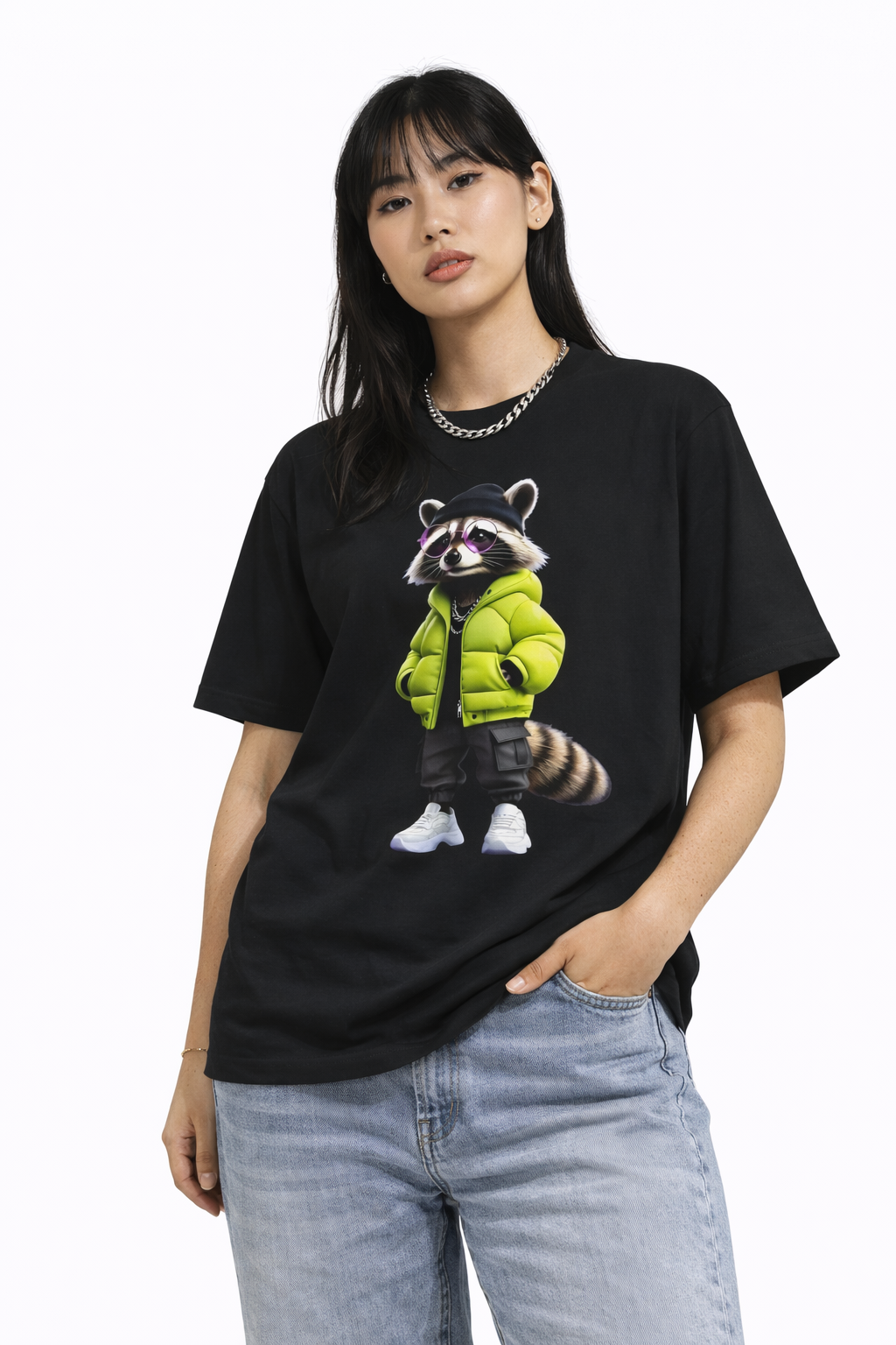 Raccoon Streetwear Tee — Green Puffer Jacket Graphic Oversized T-Shirt