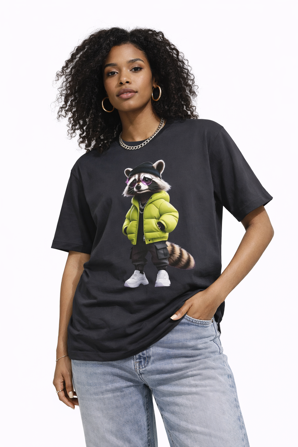 Raccoon Streetwear Tee — Green Puffer Jacket Graphic Oversized T-Shirt