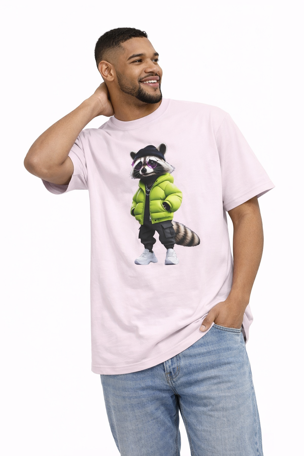 Raccoon Streetwear Tee — Green Puffer Jacket Graphic Oversized T-Shirt