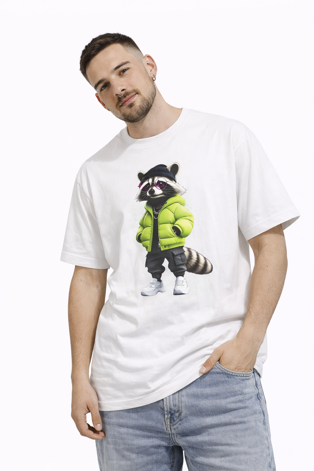 Raccoon Streetwear Tee — Green Puffer Jacket Graphic Oversized T-Shirt