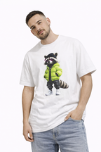 Raccoon Streetwear Tee — Green Puffer Jacket Graphic Oversized T-Shirt