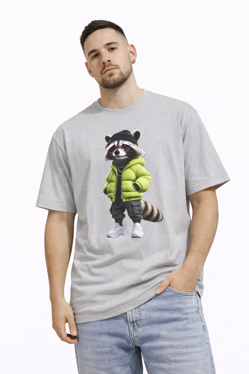 Raccoon Streetwear Tee — Green Puffer Jacket Graphic Oversized T-Shirt