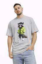 Raccoon Streetwear Tee — Green Puffer Jacket Graphic Oversized T-Shirt