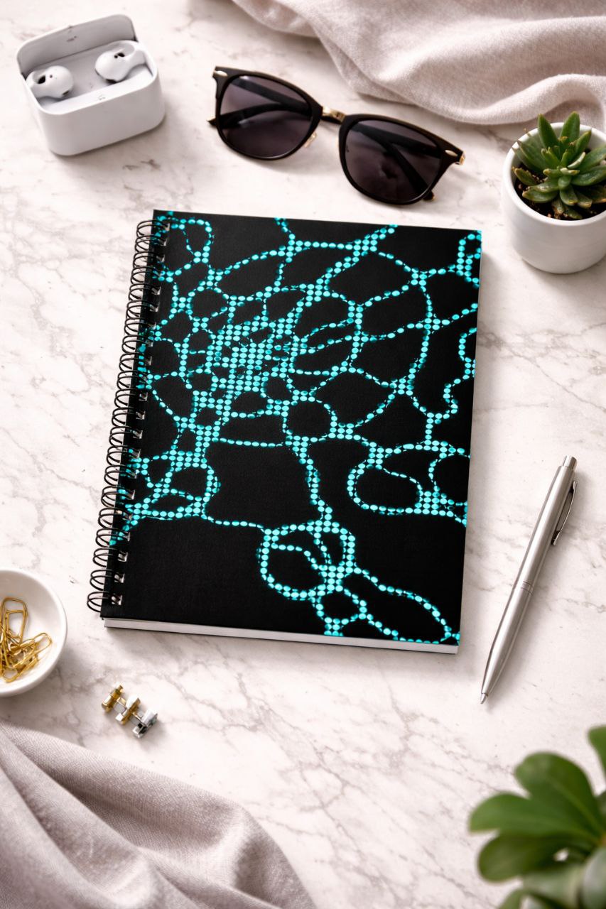 Neon Teal Grid Notebook | Cyber Aesthetic Spiral Journal