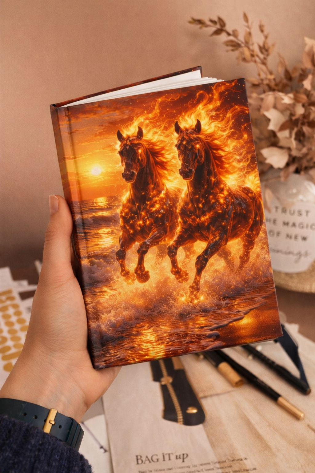 Twin Fire Horses Notebook | Fantasy Flame Journal Hardcover