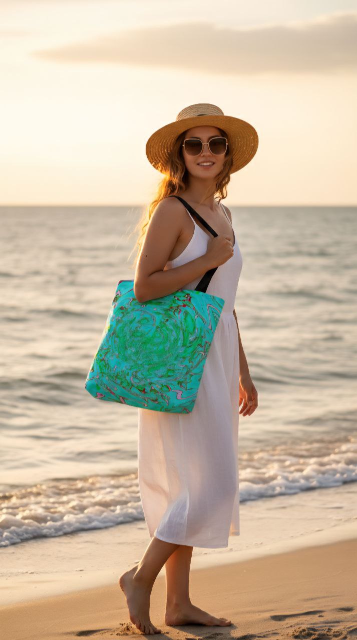 Ocean Swirl Tote Bag | Turquoise Abstract Beach Shopper