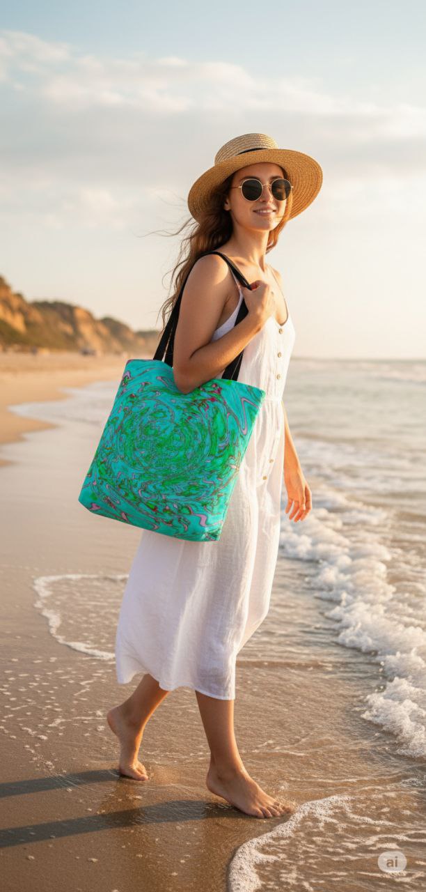 Ocean Swirl Tote Bag | Turquoise Abstract Beach Shopper