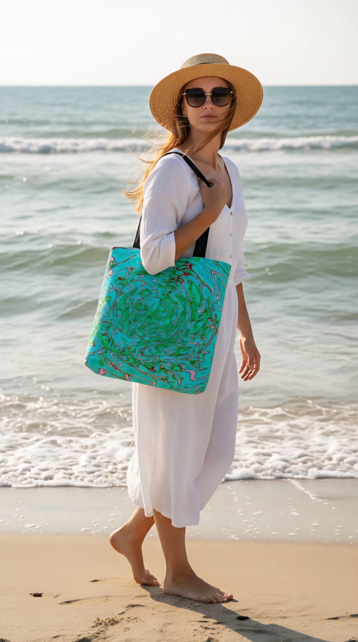 Ocean Swirl Tote Bag | Turquoise Abstract Beach Shopper